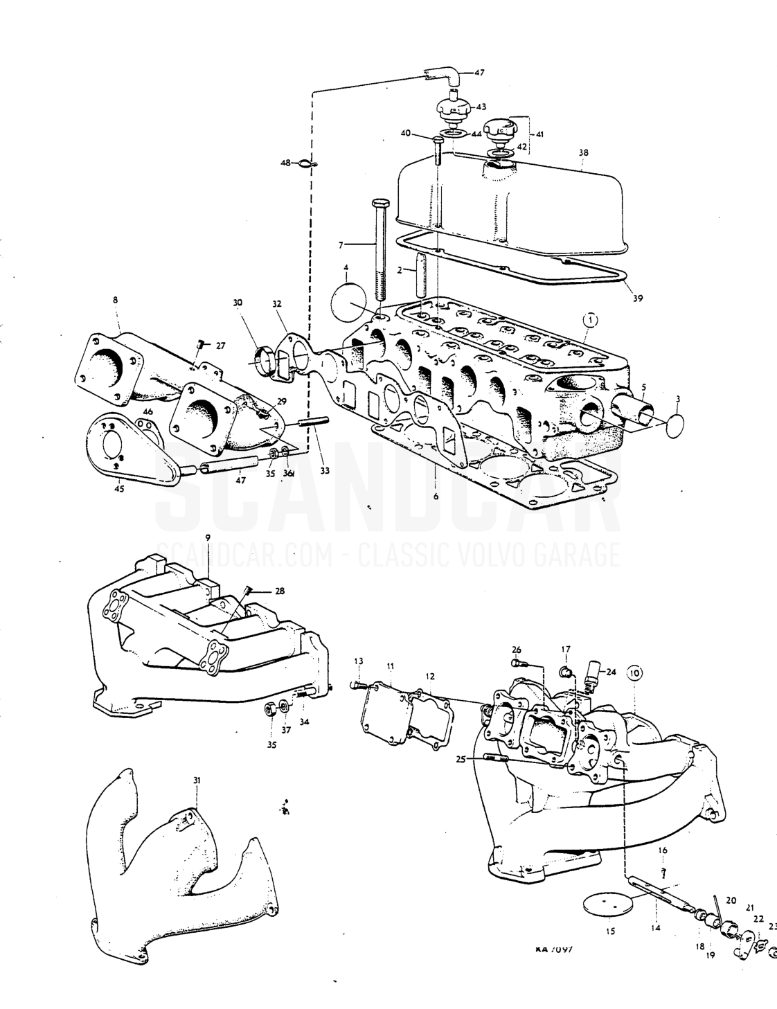 Cylinder head, manifolds valve cover Del - Explosionszeichnung, Motor, Volvo P1800 S