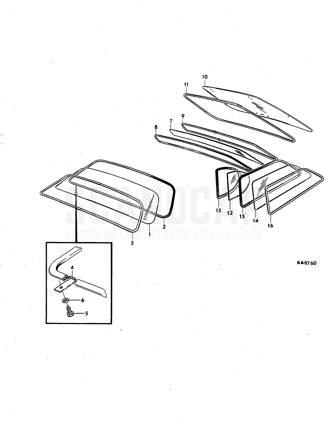 rear window, Illustration quarter windows rear Sats Kit - Explosionszeichnung, Karosserie, Volvo P1800