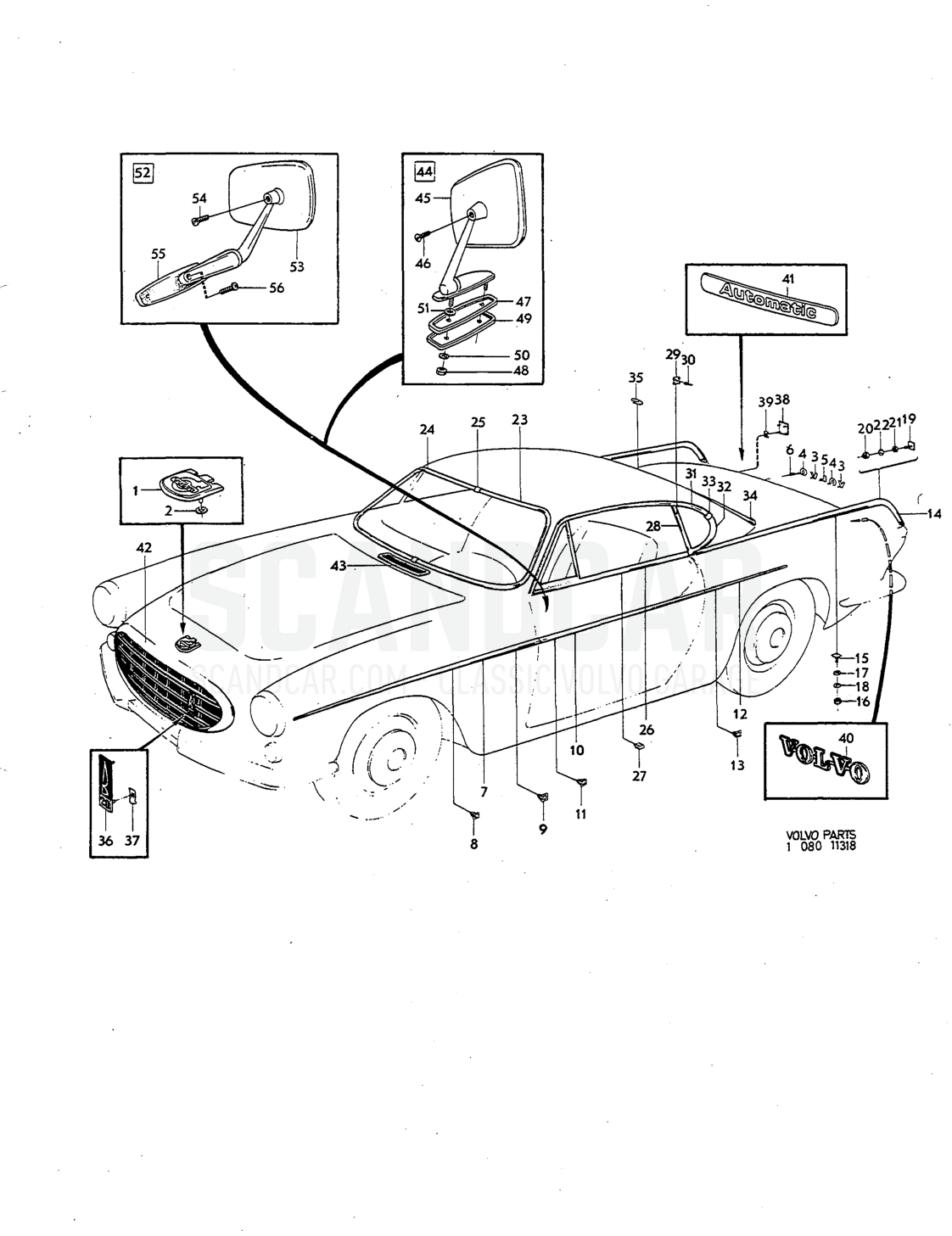 Externa embellishers Illustration rear view mirror, Sats Kit - Explosionszeichnung, Karosserie, Volvo P1800
