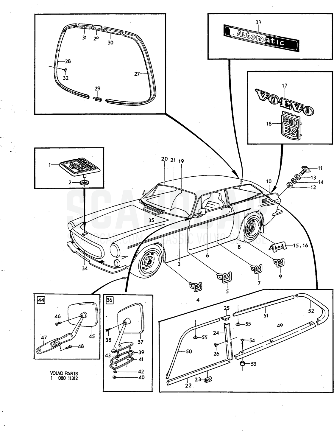 embellishers Illustration rear view mirror Sats Kit - Explosionszeichnung, Karosserie, Volvo P1800
