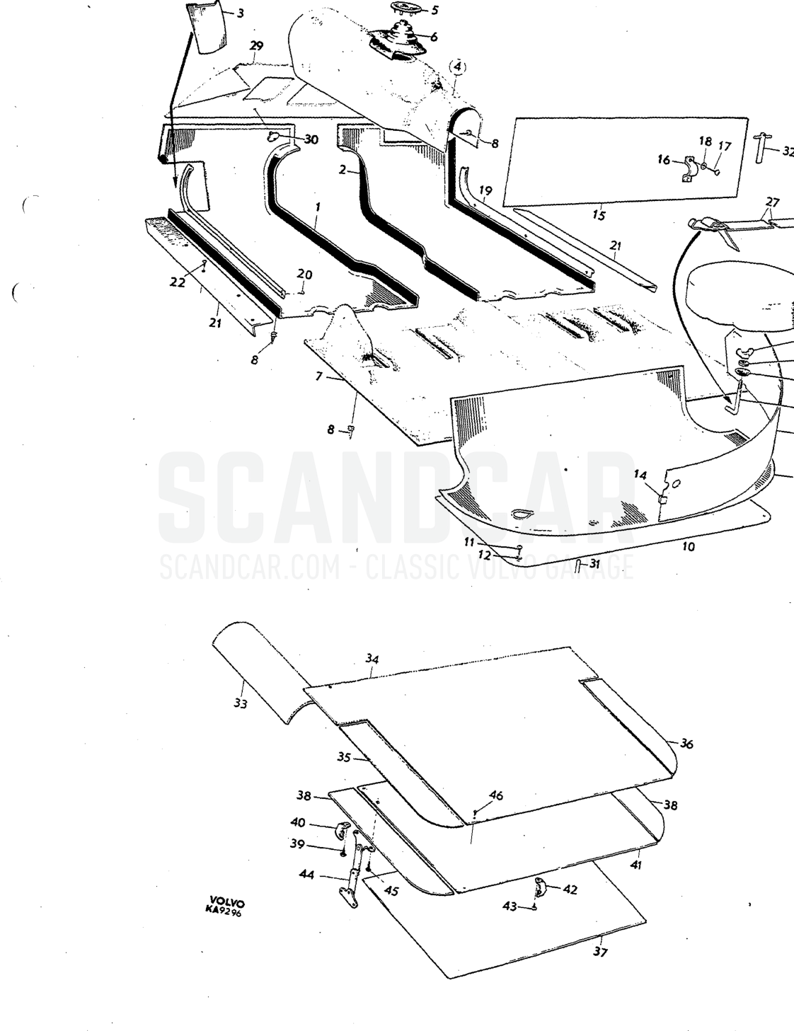Floor coverings Illustration Sats Kit - Explosionszeichnung, Karosserie, Volvo P1800