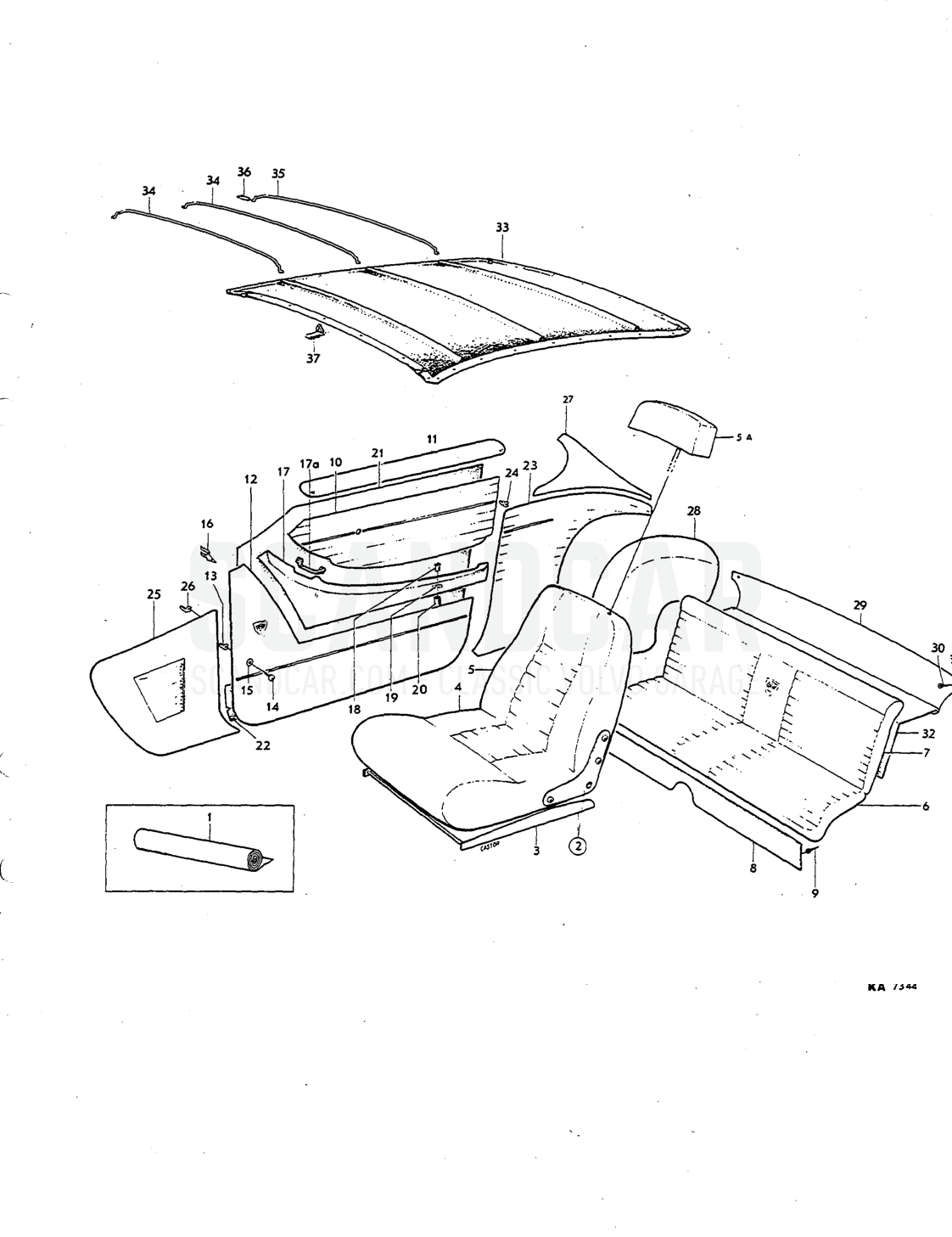 Upholstery Illustration komb Sats Kit - Explosionszeichnung, Karosserie, Volvo P1800