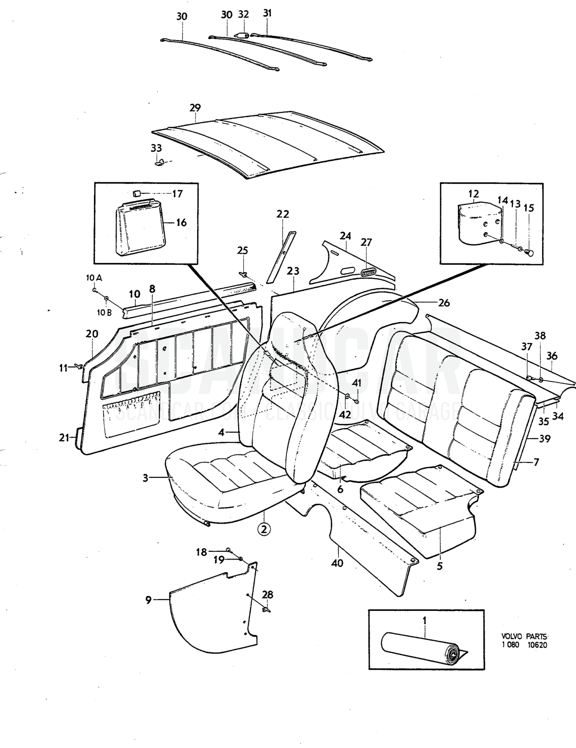 Upholstery Illustration komb Sats Kit - Explosionszeichnung, Karosserie, Volvo P1800