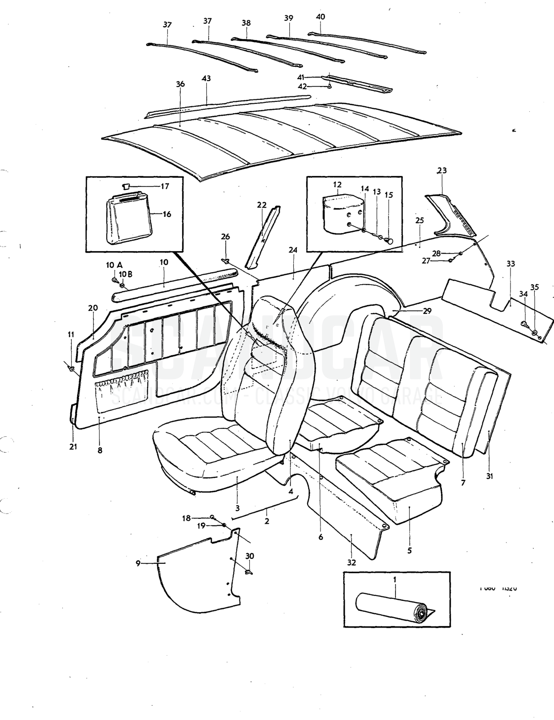 Upholstery Illustration Sats Kit - Explosionszeichnung, Karosserie, Volvo P1800