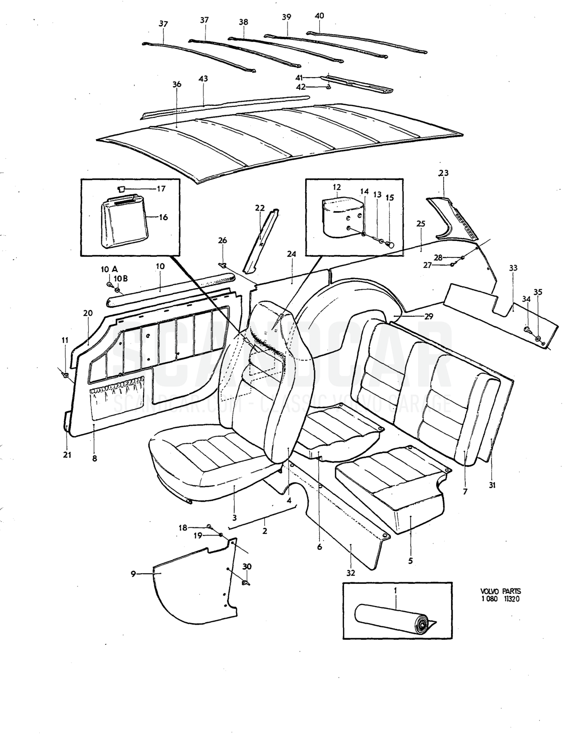 Upholstery Illustration komb Sats Kit - Explosionszeichnung, Karosserie, Volvo P1800