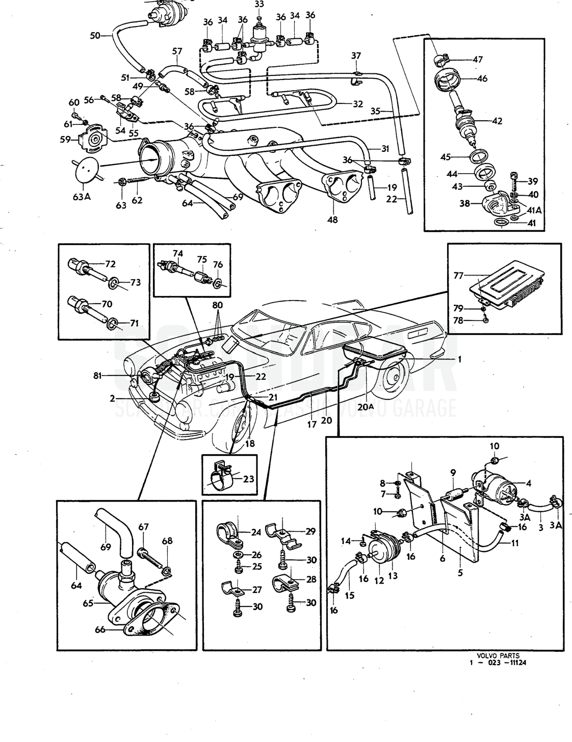 Fuel system Illustration injection engine Sats Kit - Explosionszeichnung, Kraftstoff- und Abgasanlage, Volvo P1800