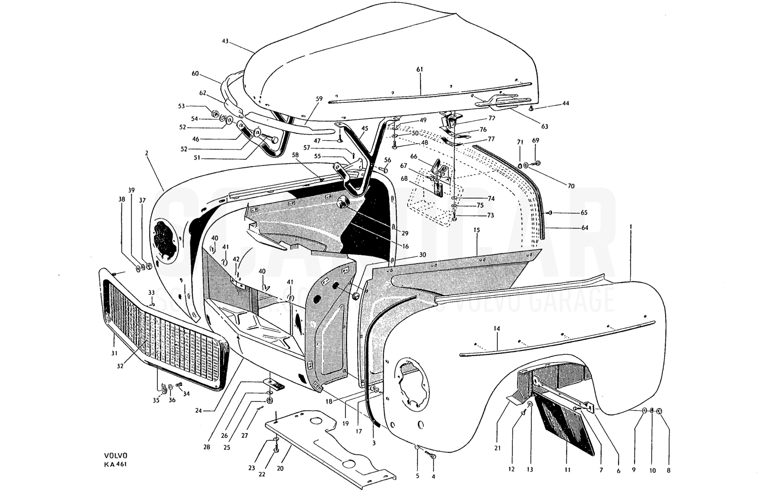 Motorhuv - Explosionszeichnung, Karosserie, Volvo PV544 / P210 B16