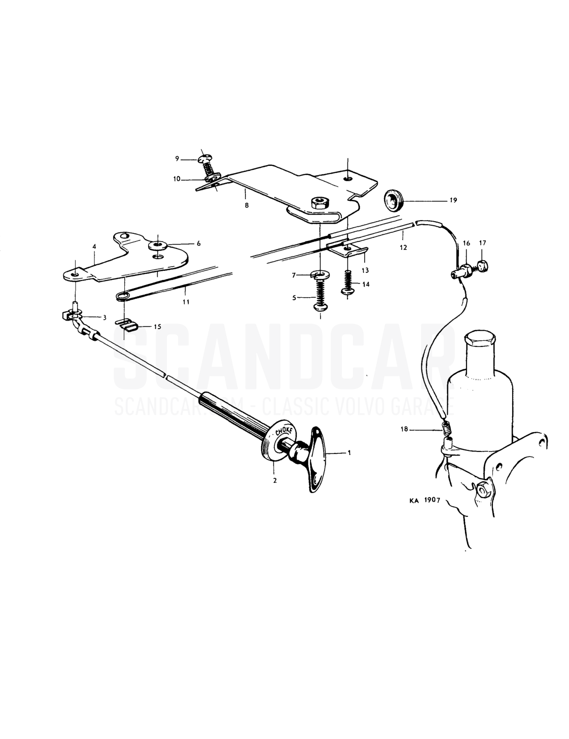 Choke control linkage - Explosionszeichnung, Betätigungsgestänge, Volvo PV544 / P210 B18