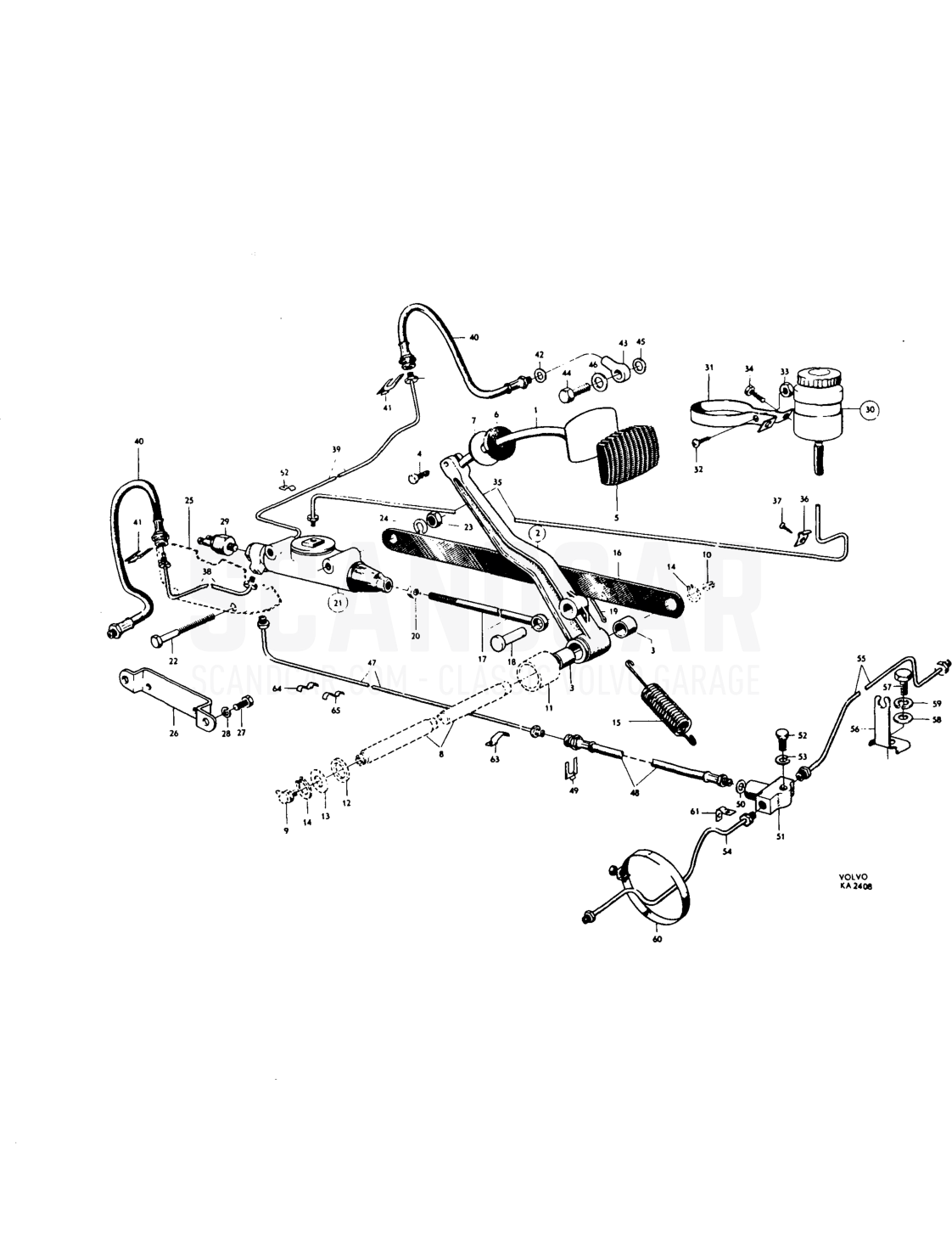 Foot brake control linkage, hydraulic brake lines - Explosionszeichnung, Bremsen, Volvo PV544 / P210 B18