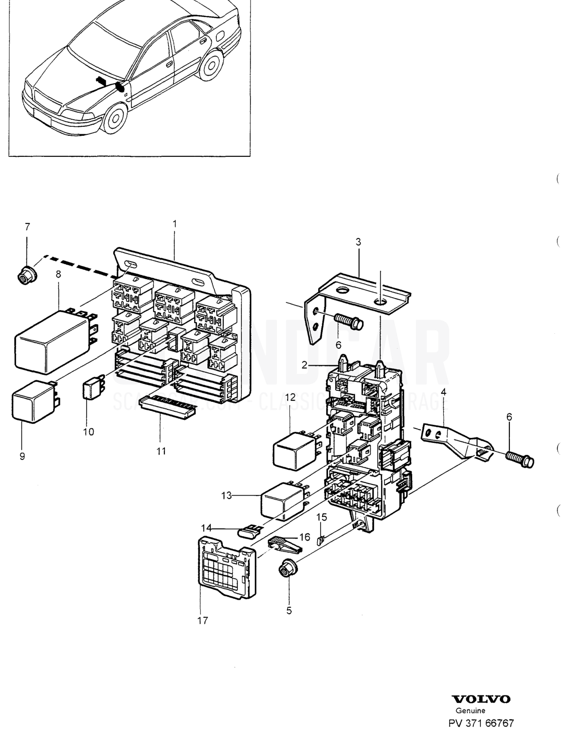CENTRAL ELECTR. UNIT, FUSEBOX. ENGINE COMPARTMENT - Explosionszeichnung, Elektrische Ausrüstung, Volvo S40/V40er-Serie ab 1996