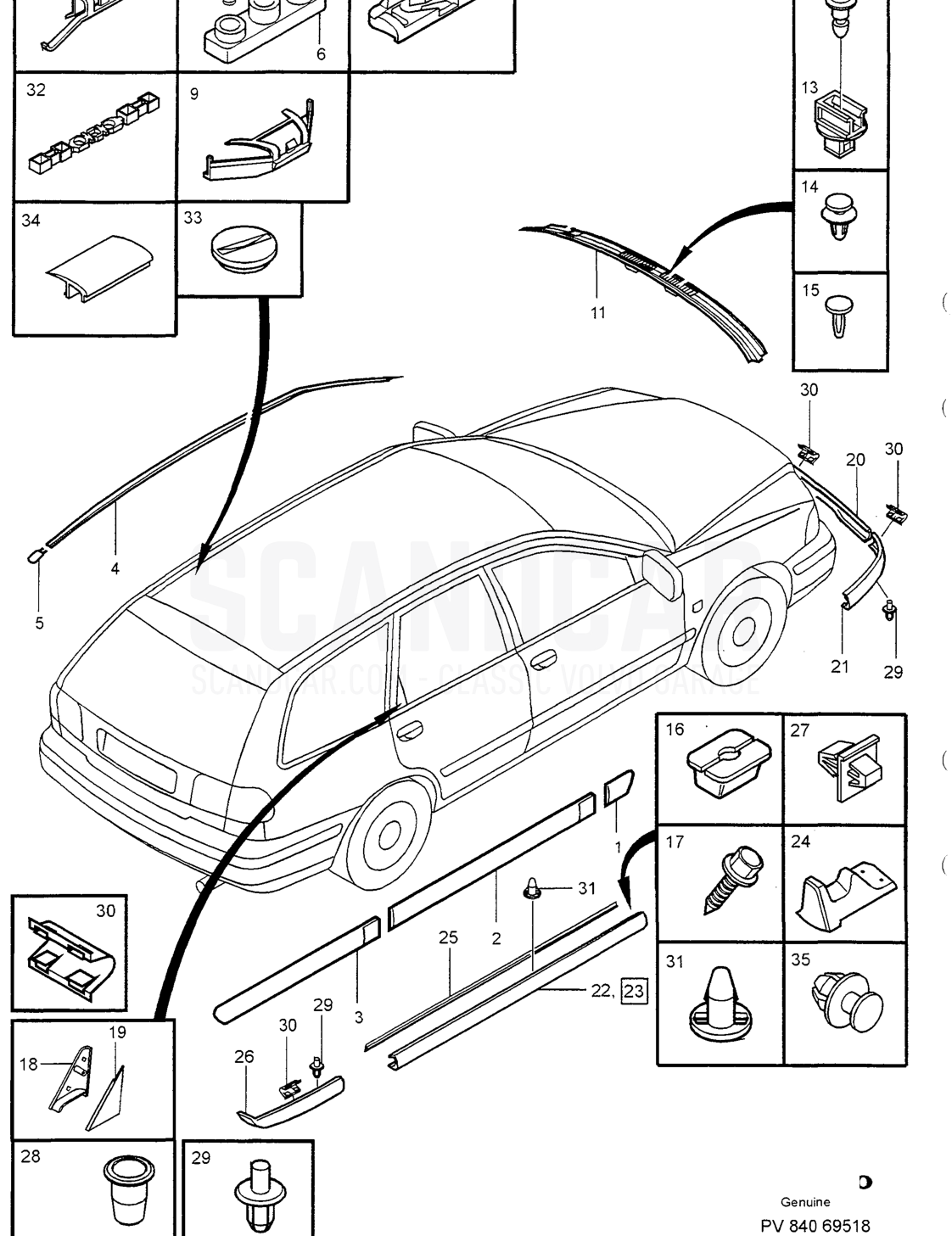TRIM MOULDINGS - Explosionszeichnung, Karosserie, Volvo S40/V40er-Serie ab 1996