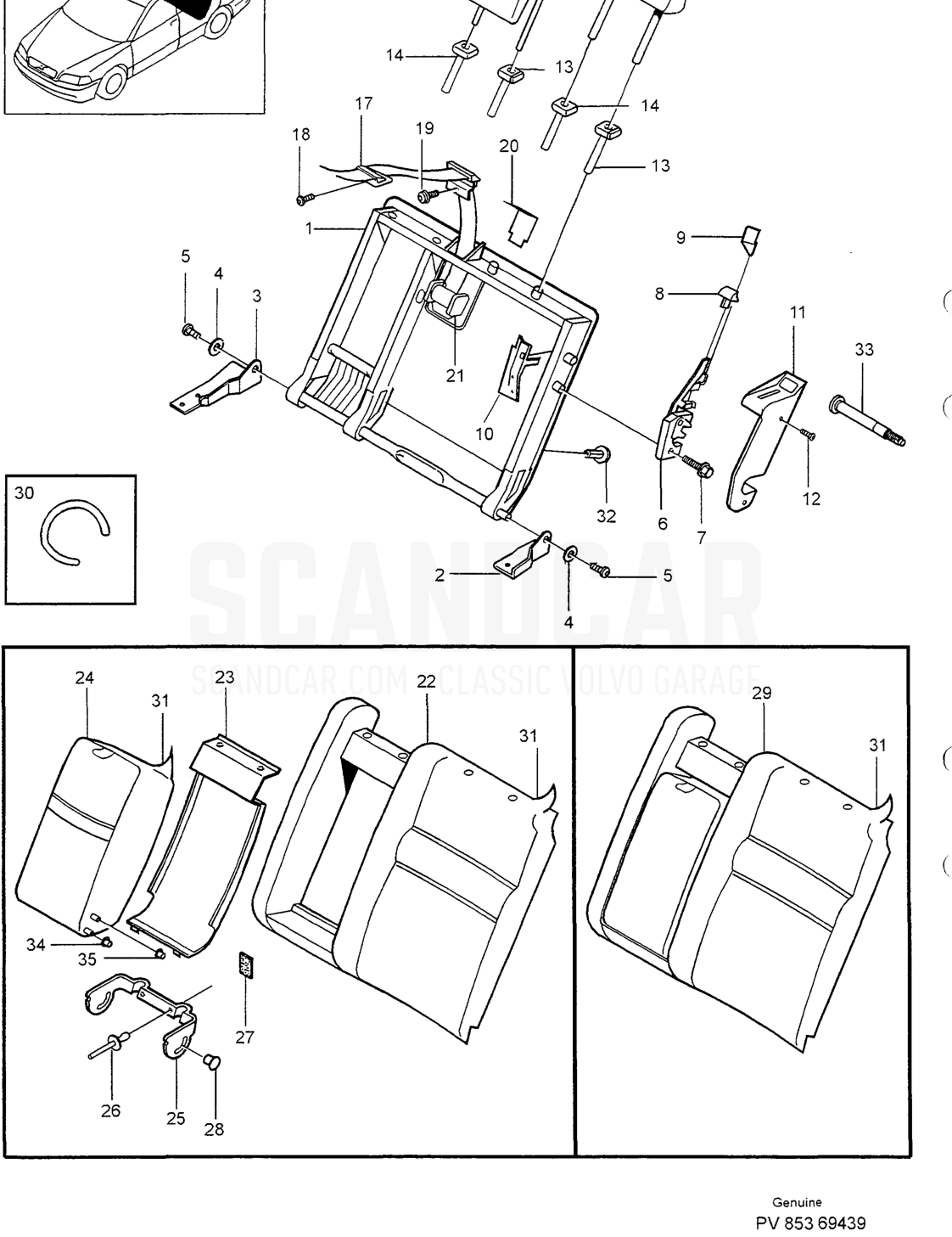 BACKREST REAR SEAT LEFT - Explosionszeichnung, Karosserie, Volvo S40/V40er-Serie ab 1996