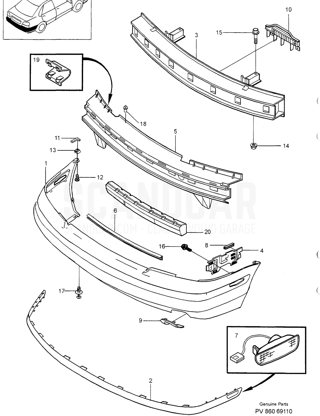 FRONT BUMPER - Explosionszeichnung, Karosserie, Volvo S40/V40er-Serie ab 1996